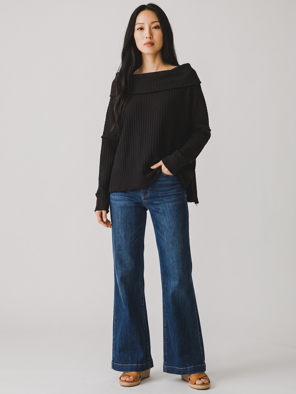 Free People Black Off-the-Shoulder Ribbed Knit Sweater